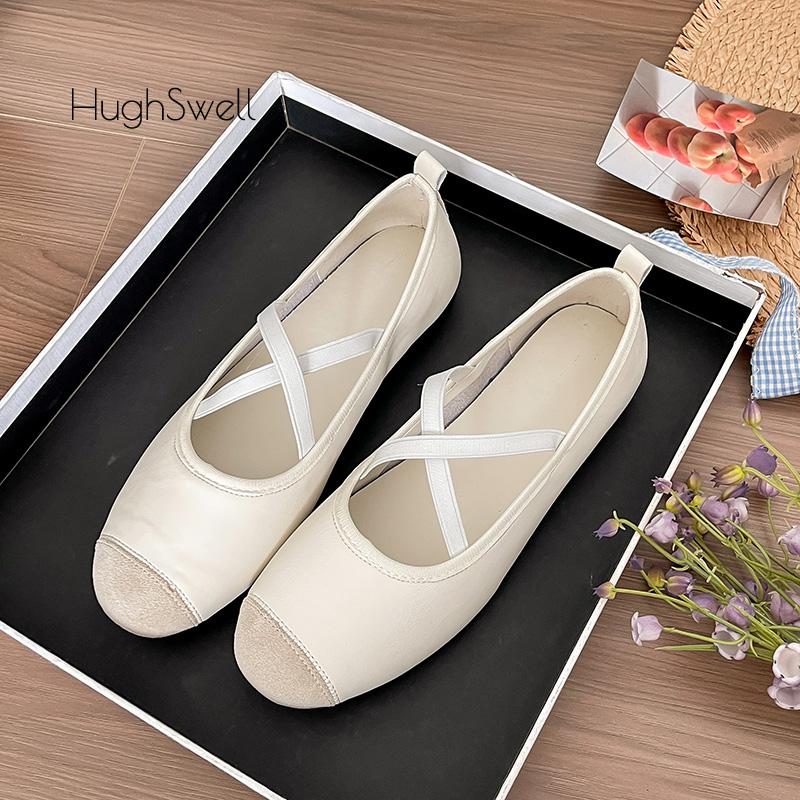 Modne okrągłe baleriny z elastycznymi paskami na krzyż, damskie buty baleriny z miękkiej skóry, damskie zwięzłe płytkie mokasyny, czarne białe