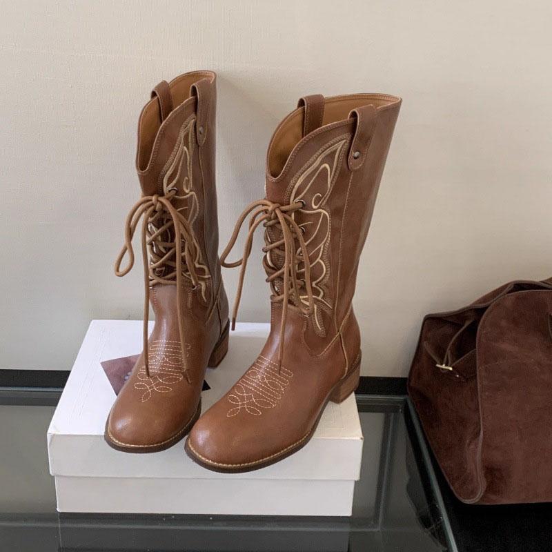 Fashion 2025 Autumn Winter New Lace-up Round Head Mid-calf Boots for Women Embroidered Boot Female Female Chunky Heeled Botas Femininas