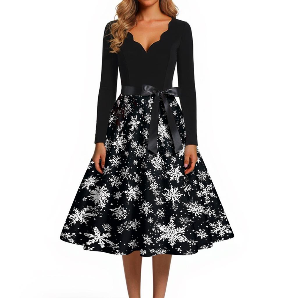 Women's Retro V-Neck Christmas Dress with Snowflake and Christmas Tree Print, Vintage A-Line Dress for Holiday Party