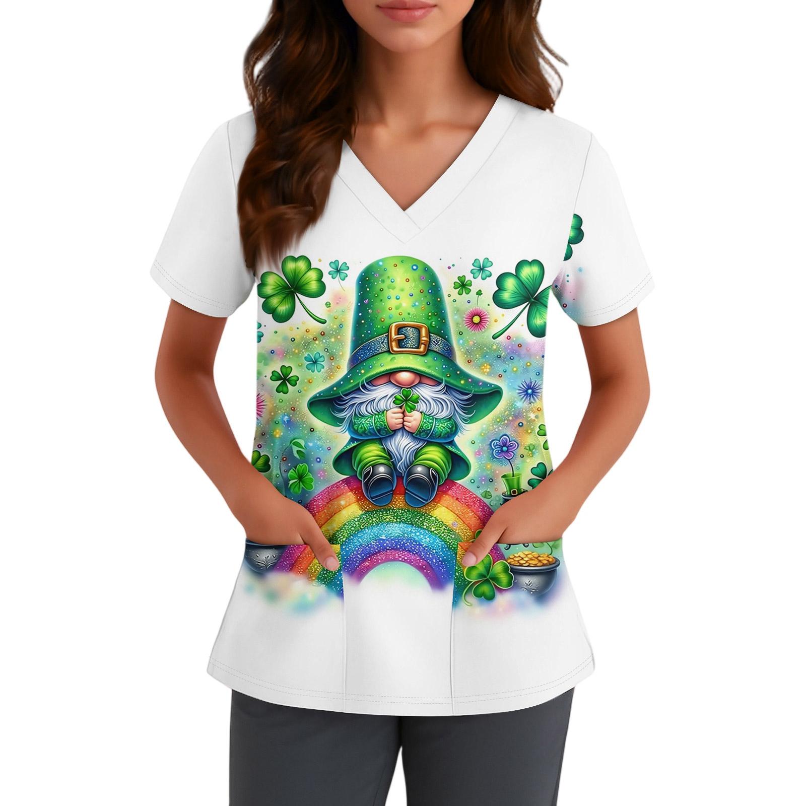 

Women s Cute Bow Printed Work Clothes V-neck Double Layer Pockets Basic Short Sleeve Top Pullover L білий