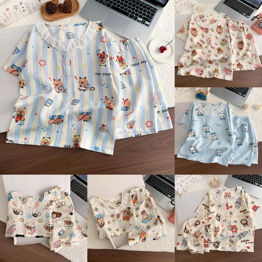 Crayon Shin Chan Hachiware Labubu Kinder-Schlafanzug-Set Aus Blasenbaumwollstoff Für Sommerlichen Komfort