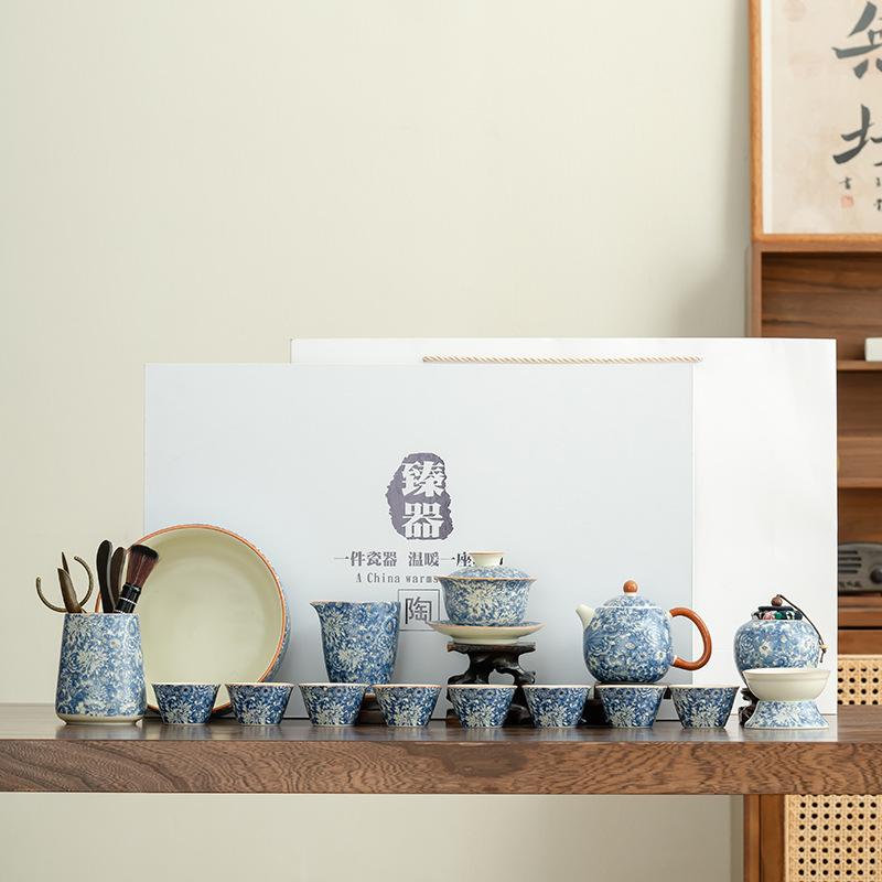 Light luxury flower Huang Ru tea set, household ceramic opening film can raise retro tea tray, the whole set of kung fu tea