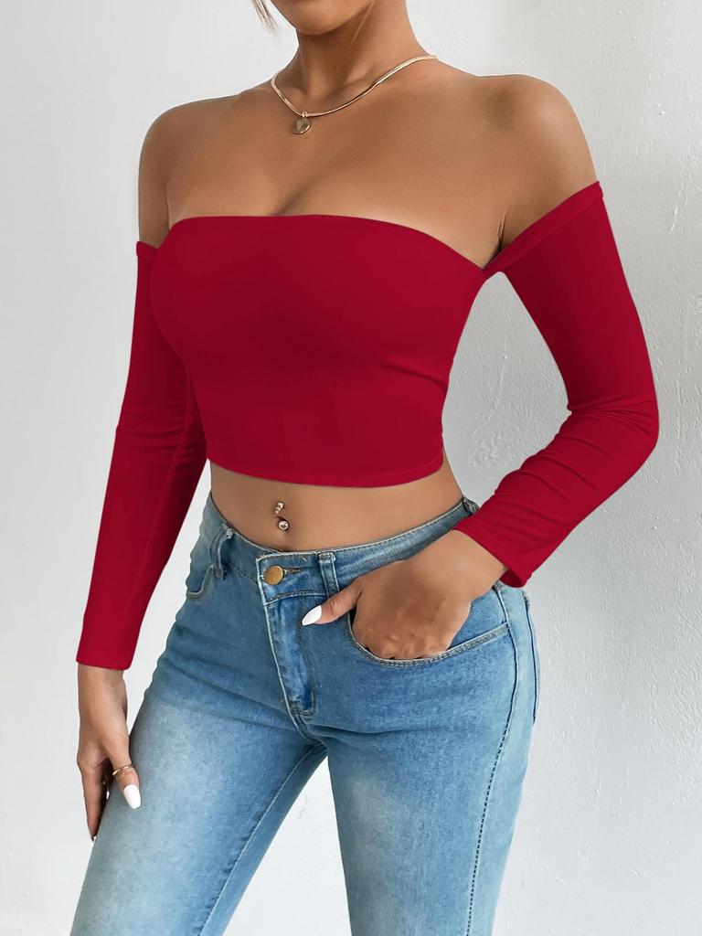 Solid Off-shoulder T Shirt Basic Long Sleeve Crop Top Women T-shirt Casual Tank Top Slim Female Crop Top Fashion Tee Shirt Y2k Streetwear