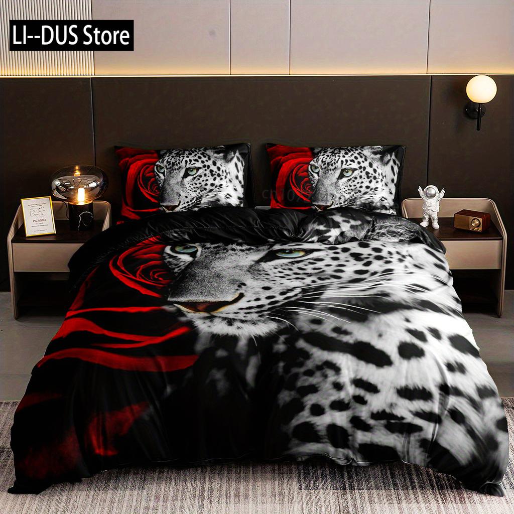 3-Piece Luxurious Leopard Romantic Rose Print Duvet Cover Set - Soft Comfortable And Hypoallergenic Bedding For Bedroom Guest