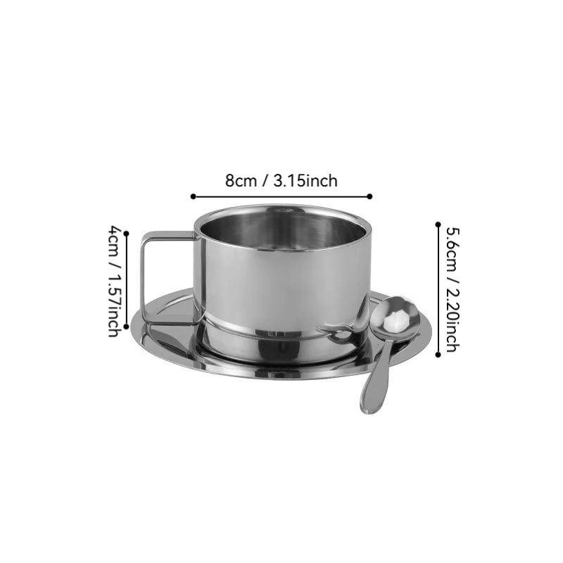 3Pcs/Set 304 Stainless Steel Insulated Coffee Cup Double Wall Tea Milk Mug with Saucer Spoon Cafe Restaurant Hotel Tableware