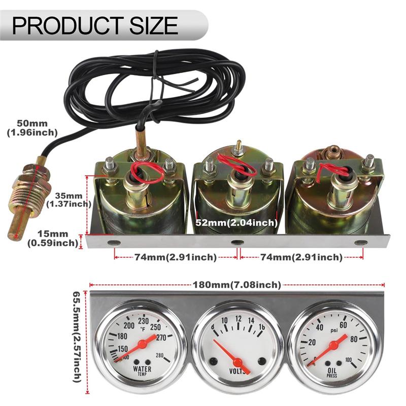 NEW-Triple Gauge Kit Oil/Volt/Water Gauge 2 Inch Chrome Oil Temp Water Temp Gauge Temperature Oil Pressure Voltage Gauge