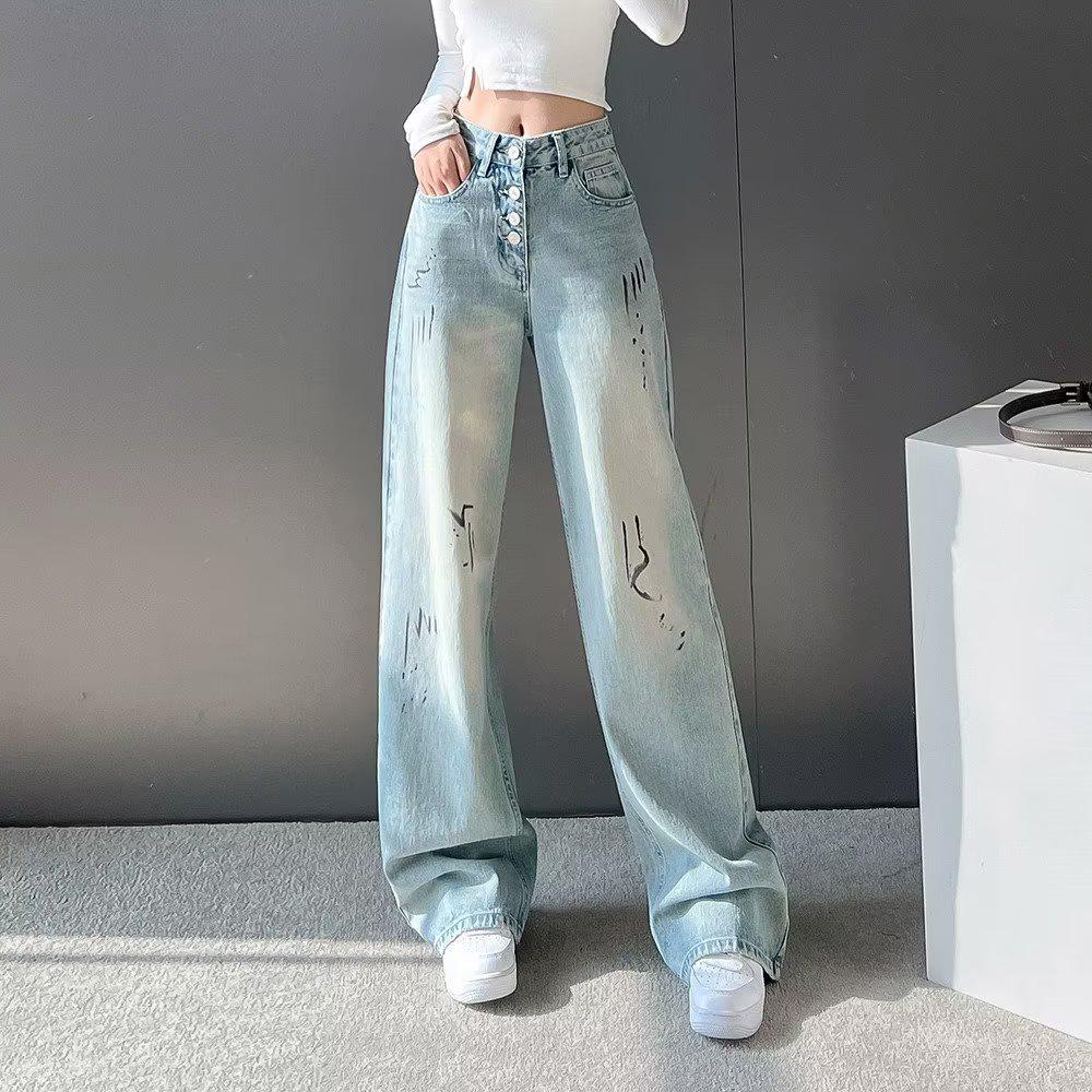 

Женские летние джинсы 2024 свободного кроя с высокой посадкой и широкими штанинами 2XL светло-синий