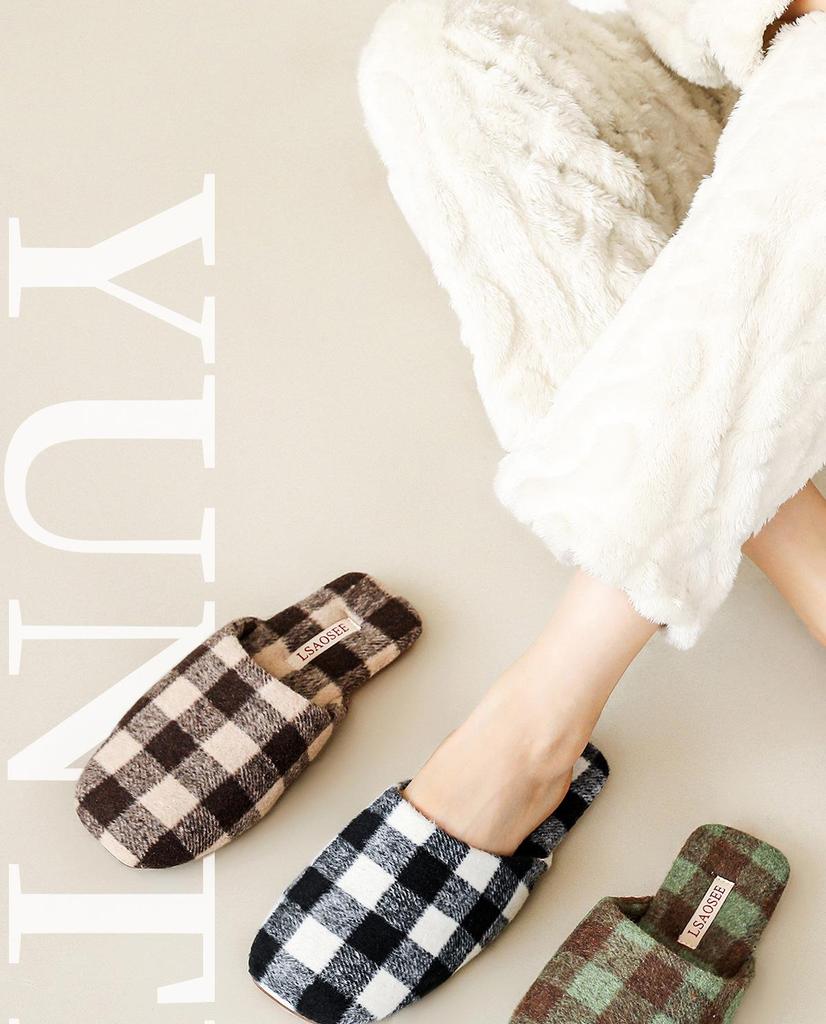 Women's Luxury Checkered Suede Fleece Slippers - Non-Slip Lightweight Tendon Sole