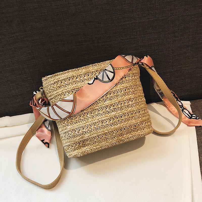 

SCIONE Соломенная маленькая сумка женская новая летняя лесная тканая шелковая шарф Фея Сумка-ведро для девочек Пляжная сумка-мессенджер 17cm*9cm*21cm хаки