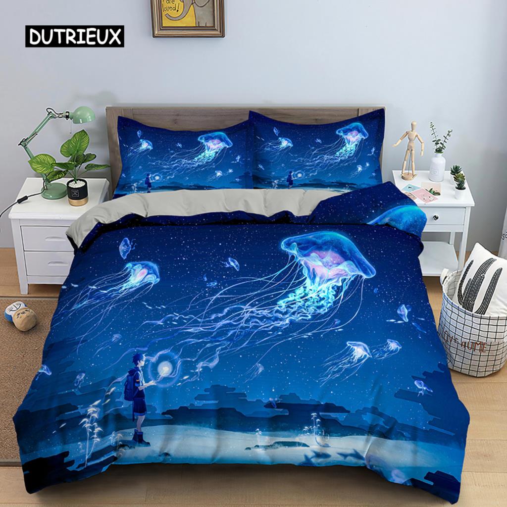 Jellyfish Duvet Cover Set Queen Size Ocean Animal Print Bedding Set Microfiber The Underwater World Quilt Cover For Boys Girls