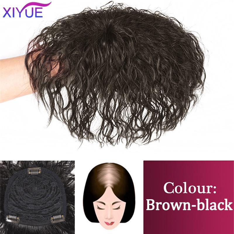 

Черный Коричневый Вьющиеся Волосы Топ Парик Зажим В Синтетических Наращивания Волос Замена Закрытие Шиньон Парики С Челкой Женщины