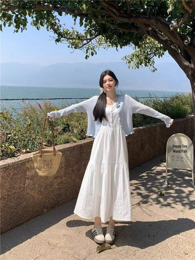 Plus Size French Style Lace Camisole Dress & Sun Protection Cardigan Set