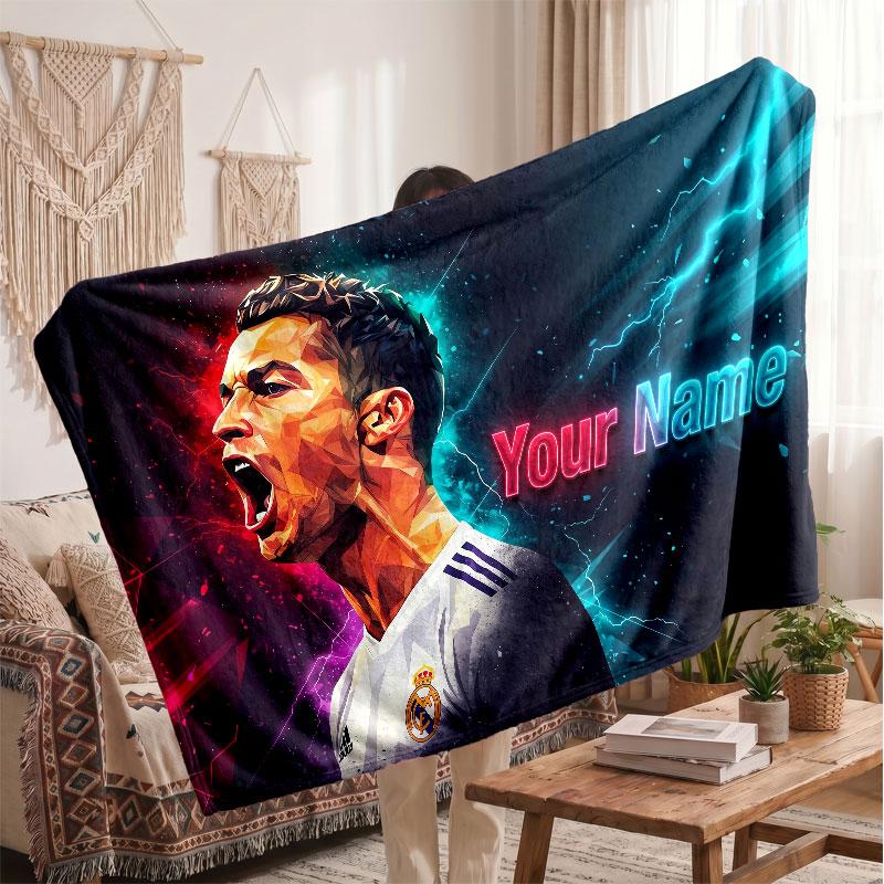 Futbol Logolu Kişiselleştirilmiş Cristiano Ronaldo Polar Battaniye, Özel İsim Yazılı Yumuşak Sıcak Ev Battaniyesi