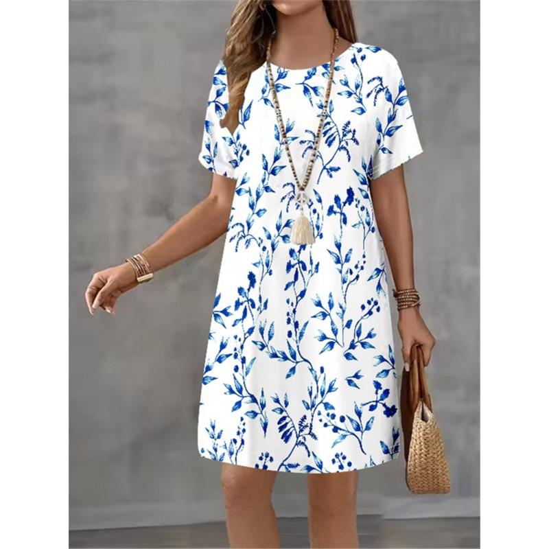Women Elegant Temperament Dress Summer New Short Sleeved Dress Fashion New Flower Print Casual Retro Mini A-line Dress