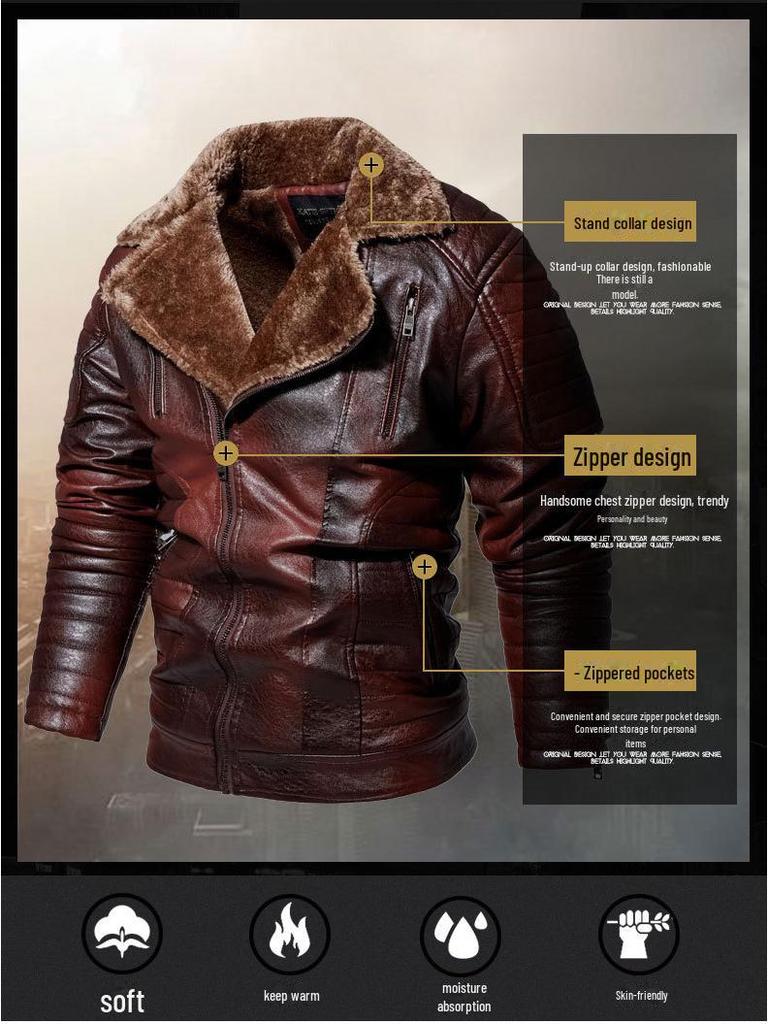2022 Winter Slim Middle-aged & Elderly Men's Fur-Lined Leather Motorcycle Jacket