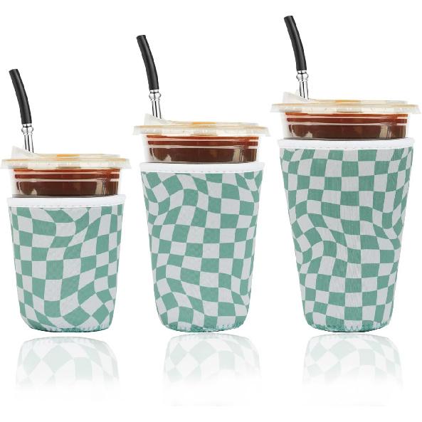 Reble Ulated Neoprene Iced Coffee Cup Sleeve, Durable Drink Sleeve for Cold Beverages, Beverage Holder for Iced Coffee, Floral Checkers