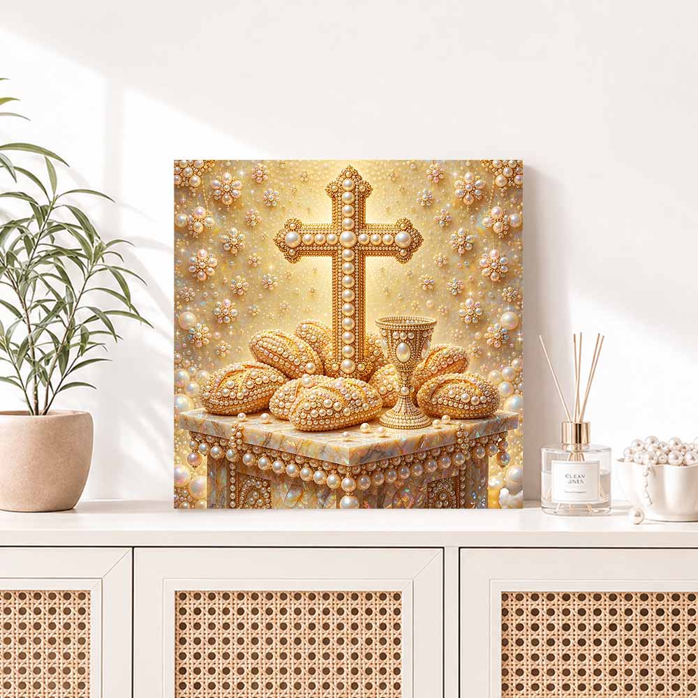 Pearl Painting 5D DIY Decorative Painting. Golden Cross and Chalice Religious Art. Cute Birthday Gift. Handmade Craft Painting