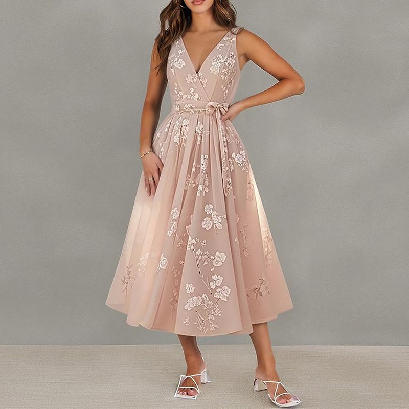 2026 women's spring new, Amazon cross-border Europe and the United States, elegant temperament printed waist lace-up dress