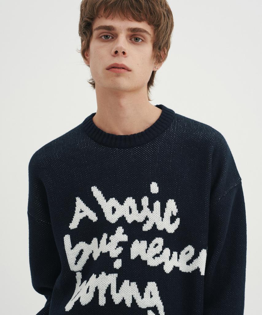 BLOND9 Slogan Round Knit Sweater_Navy (Type B)