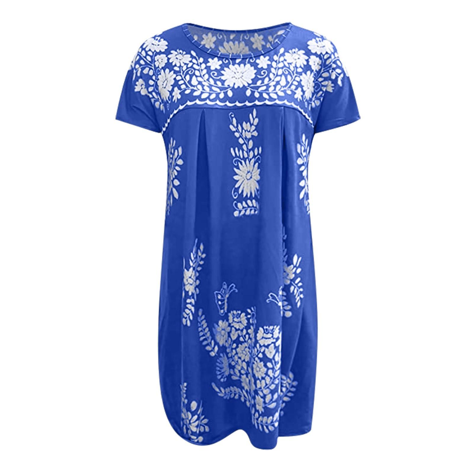 Women s Summer Loose Round Neck Ethnic Round Neck Raglan Short Sleeve Dress L