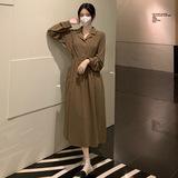 French temperament black long-sleeved suit V-neck dress women's clothing spring and autumn lazy wind lace-up waist A-word long dress