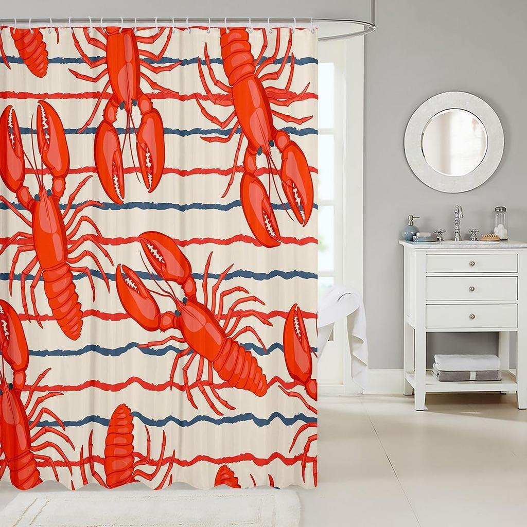 Nautical Lobster Pattern Waterproof Shower Curtain 180X180Cm - Funny Marine Theme Fabric Bath Curtain For Kids & Adults