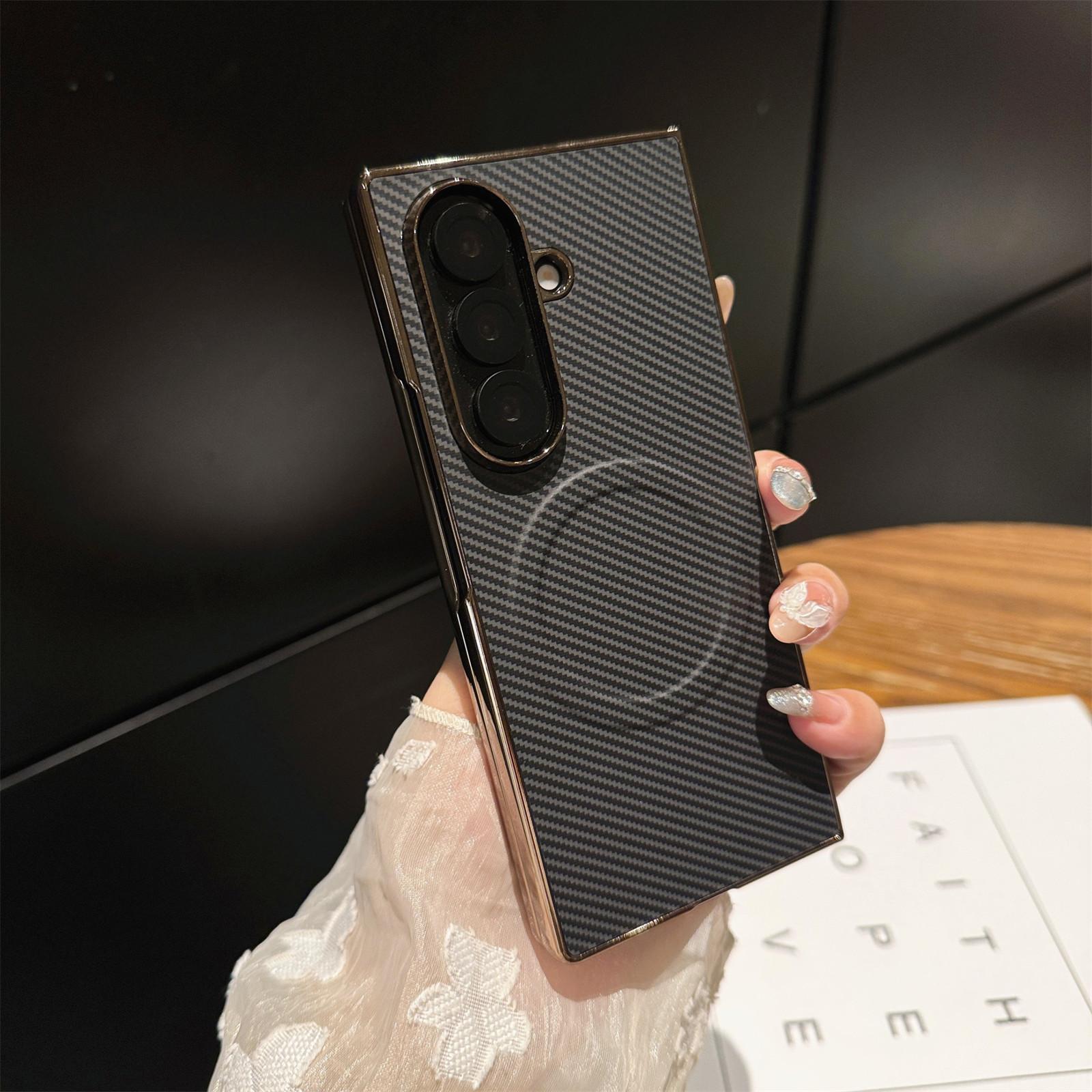 

Leather Carbon Fiber Phone Case for Samsung Galaxy Z Fold 7 6 5 4 3 Fold7 Fold6 Cover Magnetic Protective Hard Shell Luxury Galaxy Z Fold6 чорний
