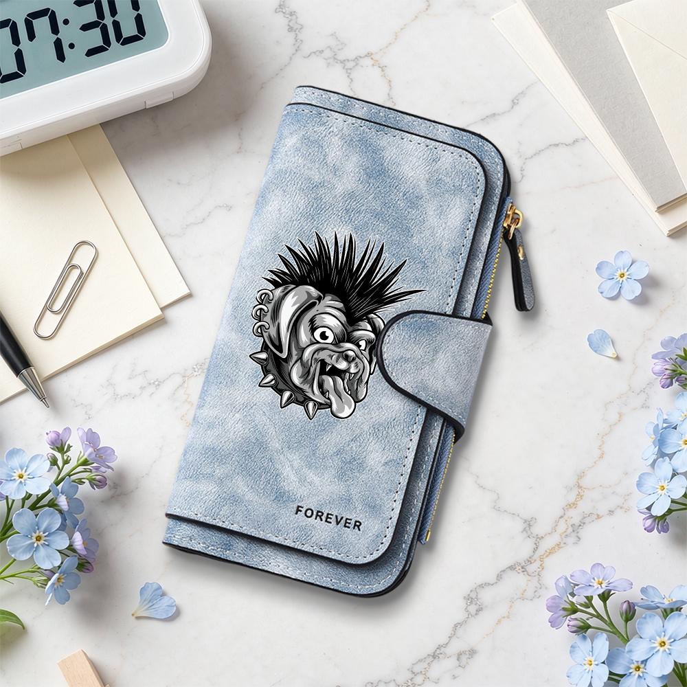 Punk Bulldog Pattern Long Wallet Multi Card Slot Portable Purse Fashion Casual Large Capacity Zipper Wallet