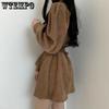 Women Temperament Pure Desire Wind Solid Color Lantern Sleeve A Line Dress Retro Design Sense Niche Long Sleeve Belt Corduroy Dresses