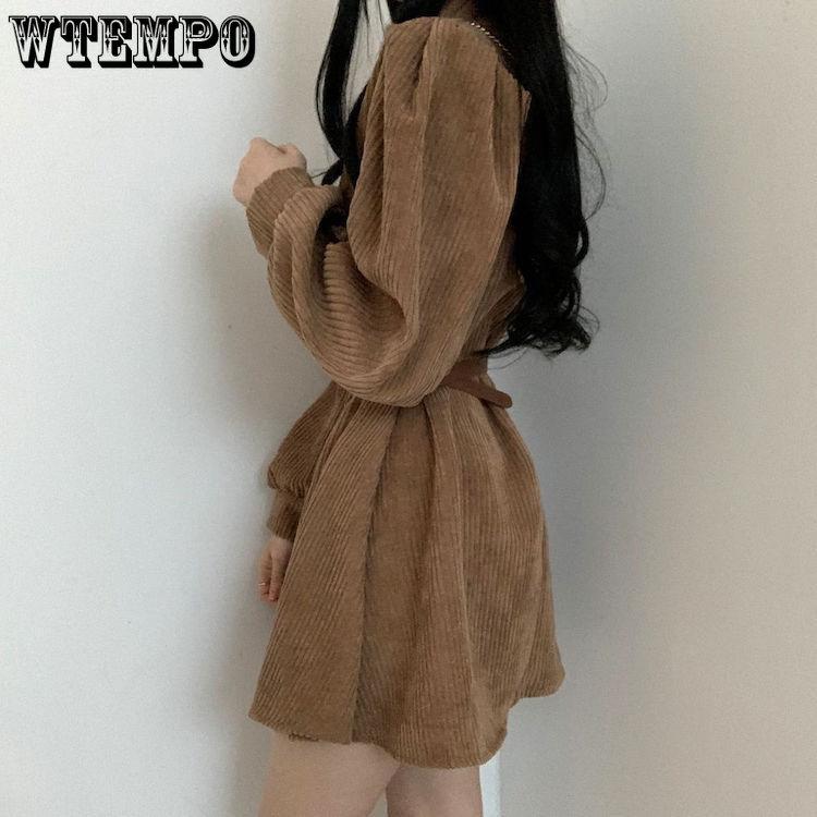Women Temperament Pure Desire Wind Solid Color Lantern Sleeve A Line Dress Retro Design Sense Niche Long Sleeve Belt Corduroy Dresses