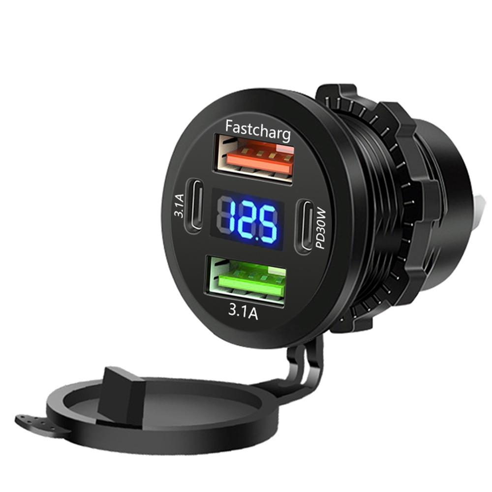 83W Zásuvka nabíječky do auta PD 30W Rychlé nabíjení Dvojitý USB+Type C Výstup Telefonní napájecí adaptér s voltmetrem pro motocykl, nákladní automobil, loď
