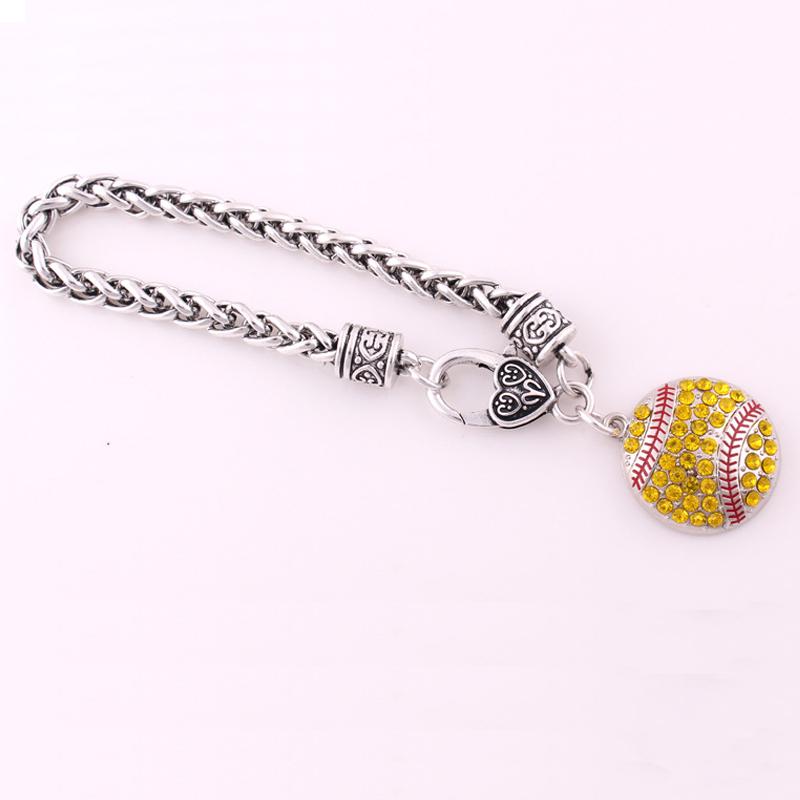 Full Rhinestones Round Softball Baseball Pendant Heart-shaped Lock Men and Women Bracelet