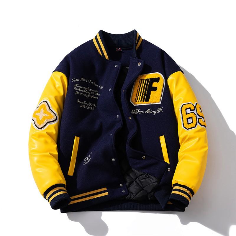 American Racing Style Baseball Jacket Men Couples Embroidered Wool Blend PU Leather Padded Thickened Student Streetwear