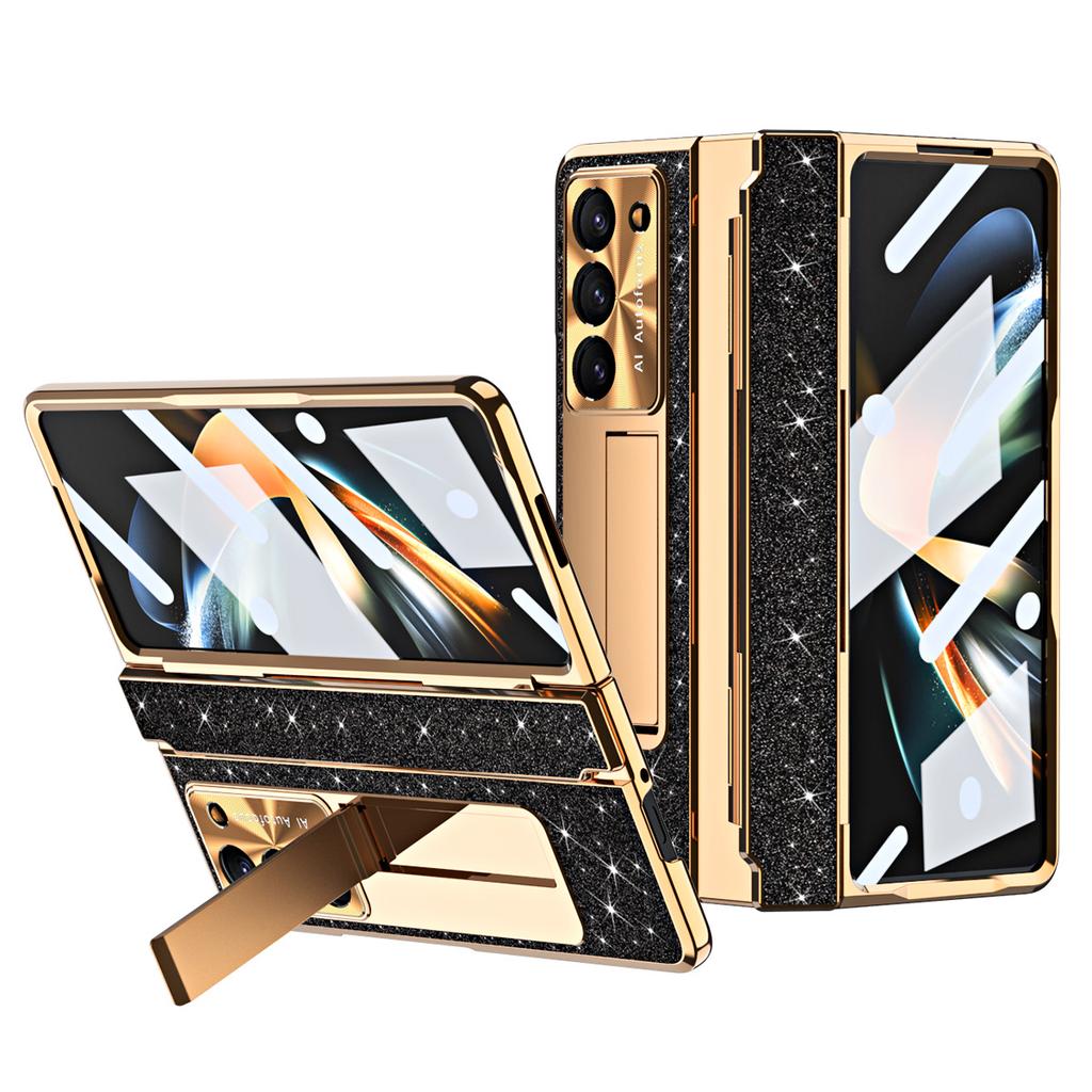 Luxury 5 PC Fold Cover for Samsung for Galaxy Z Fold 5 Full Glass Material Electroplated Film Phone Stand Included Phone Case