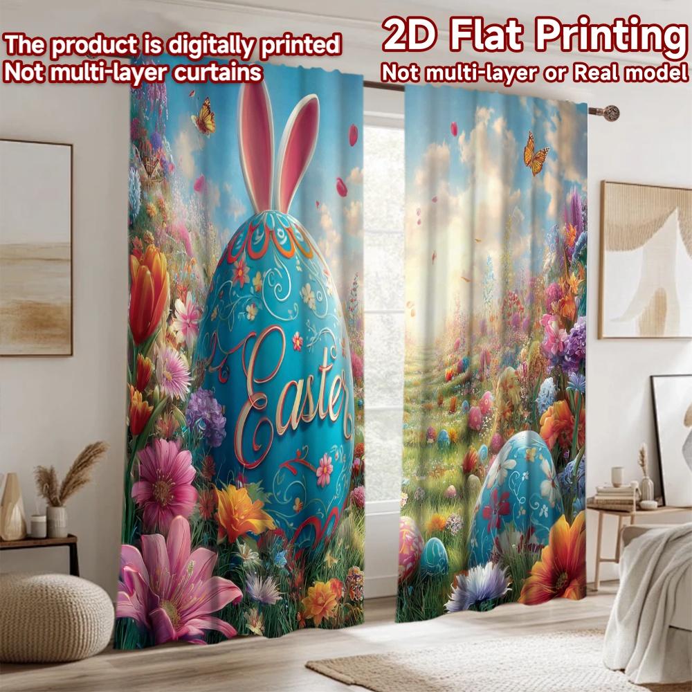 2D flat printing 2pcs Curtain Easter Bunny Flower Meadow Digital Printed Polyester Drapes Festive Holiday for Drapes for Bedroom