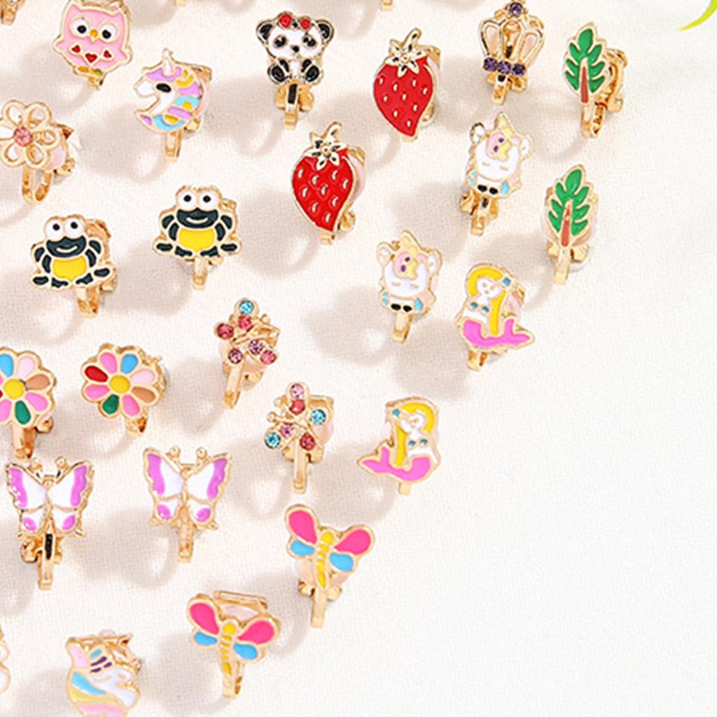 24 Pairs Mixed Color Clip-on Earrings Suitable for Non-perforated Ears Lovely Animals Flowers Heart Fruit Earrings Set