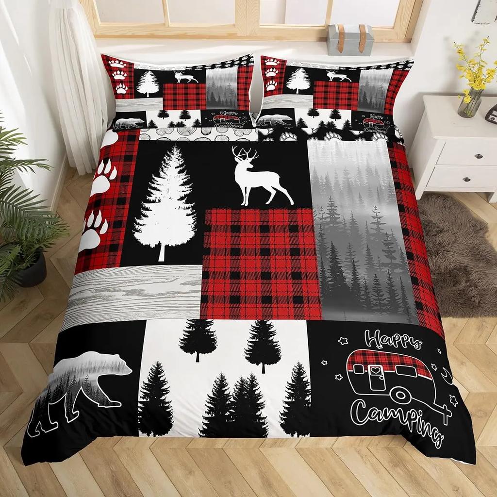 Black Bear Deer Bedding Set Woodland Animals Elk Moose Wildlife Hunting Country Lodge Cabin Duvet Cover Set Queen Comfortable