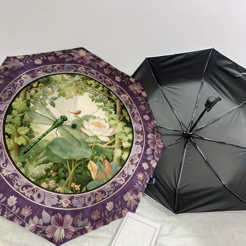 1PC Dragonfly Lotus Umbrella-8-Rib Reinforced, Automatic Open, Lightweight & Durable, Cute Fashion Accessory for Outdoor, Beach or Casual Use, Beach U