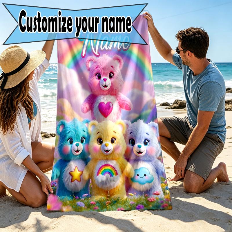 Custom Name Personalized Care Bears Print Beach Towel, for Trip Camping Beach Party Home Decor, Birthday Gift for Family & Friends