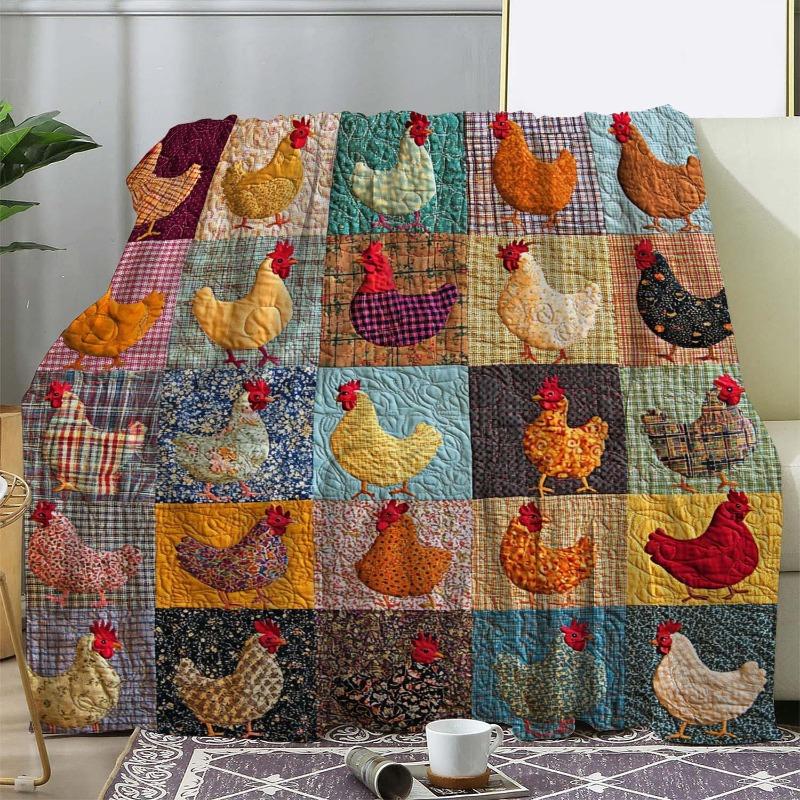 1pc Vintage Chicken Print Flannel Blanket Soft Cozy Knitted All Seasons Colorful for Sofa Bed Office Camping Travel Gift Blanket