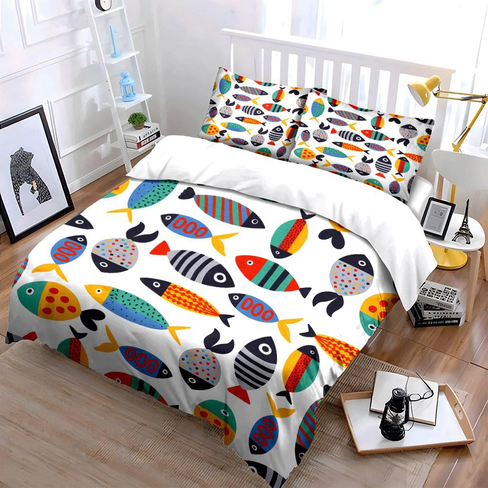 Colorful Fish Pattern Home Set Exquisite Three-piece Bedding Set Gift for Kids and Adults
