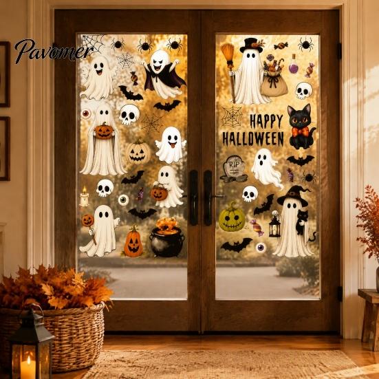 Decorative Window Film 6 Sheets Halloween Clings, Spooky Ghost Pumpkin Bat Removable Wall Decal Sticker, Reusable Static Glass Decals for Holiday