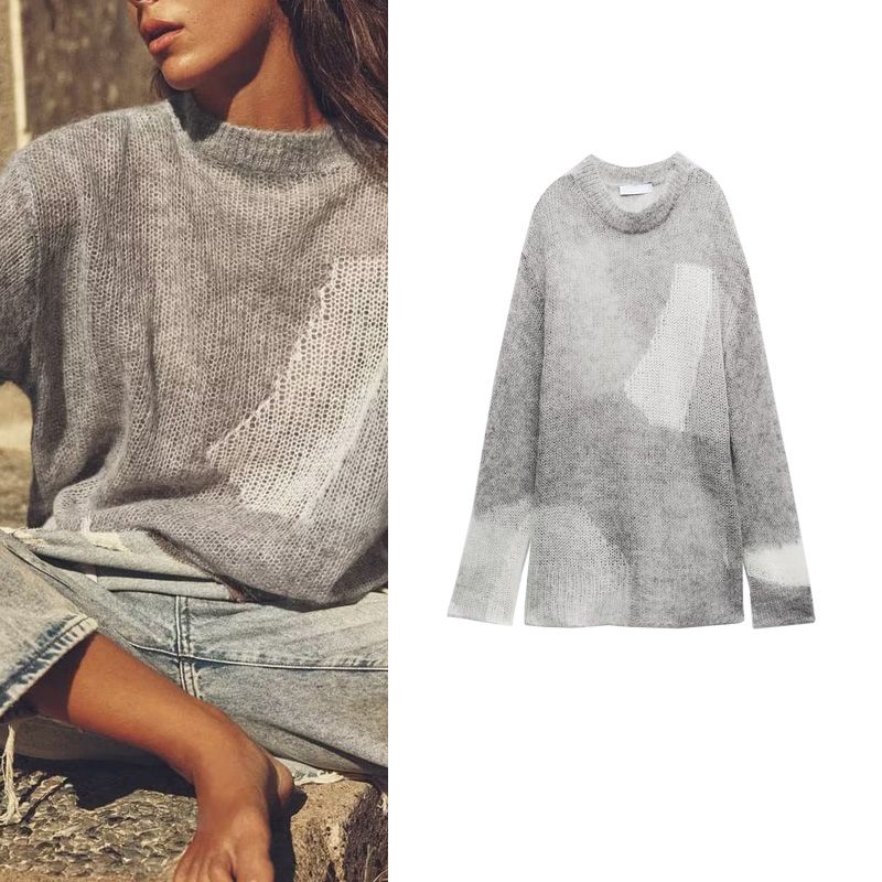 Spring New Arrival Female Profile Loose and Idle Pullover Retro Print Color Matching Hollow Out Knitwear 2142157