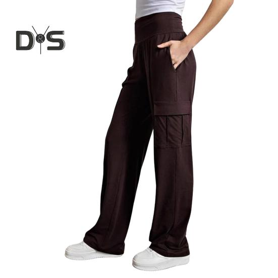 

Женские спортивные брюки с высокой талией, прямые, широкие, длинные брюки с карманами, однотонные, дышащие, удобные, повседневные брюки M красно-коричневый