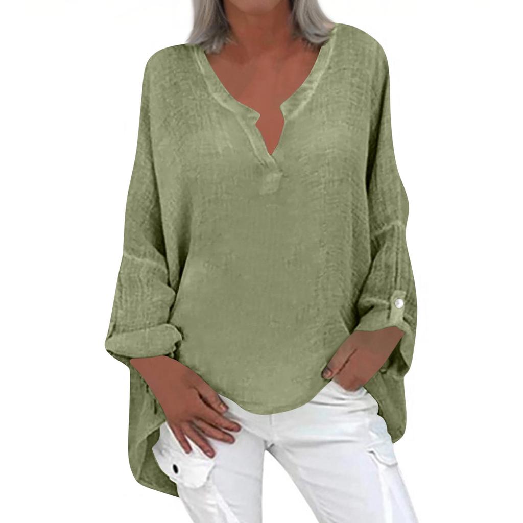 Women's Fashion Long Sleeve Cotton Linen Colour Casual V-Neck Blouse Top