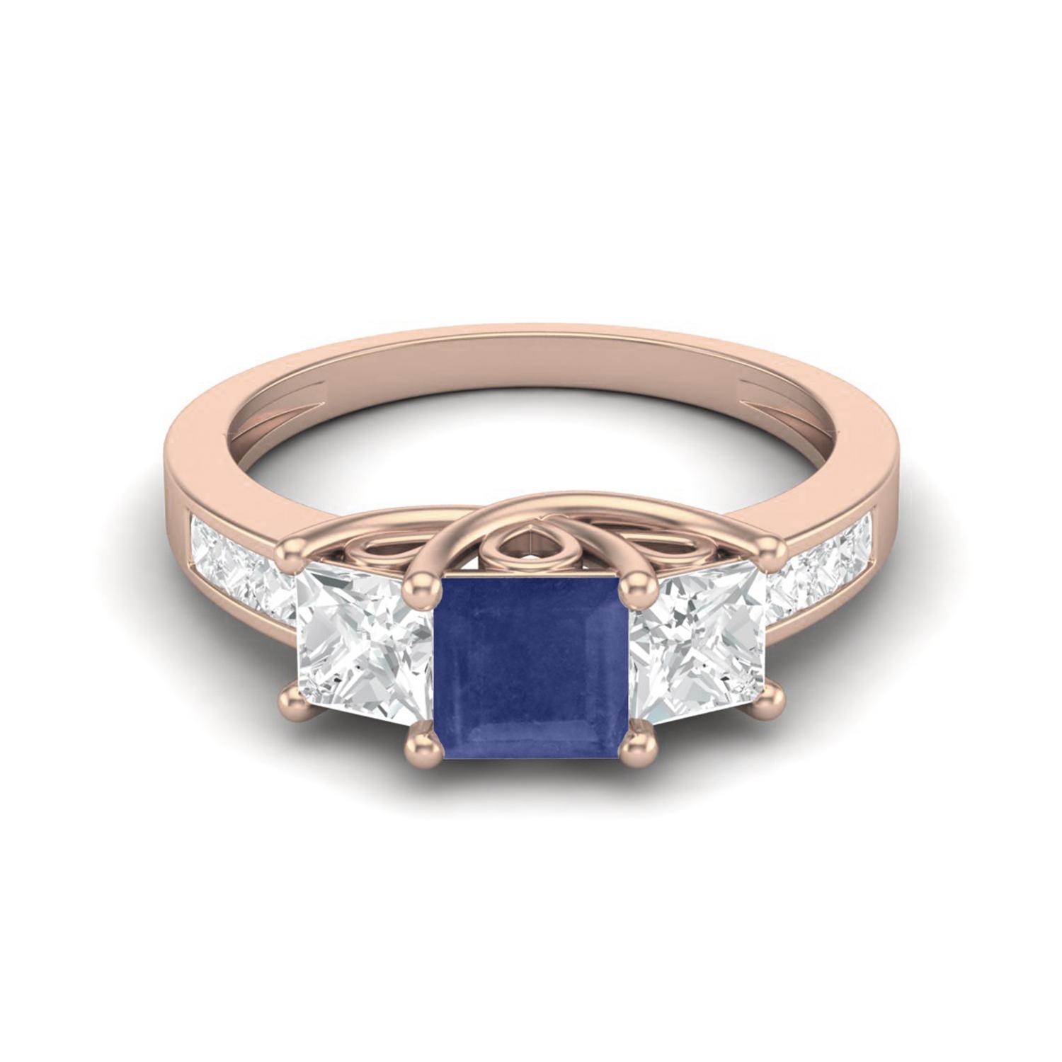 2.75 Cts Square Three Stone Blue Sapphire 925 Sterling Silver Rose Vermeil Women Engagement Ring