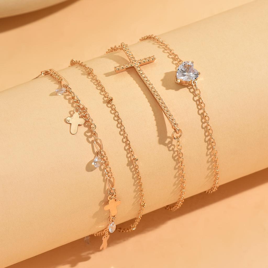 4PCS Layered Gold Cross Heart Rhinestone Anklet Set Adjustable Dainty Boho Summer Beach Foot Jewelry for Women