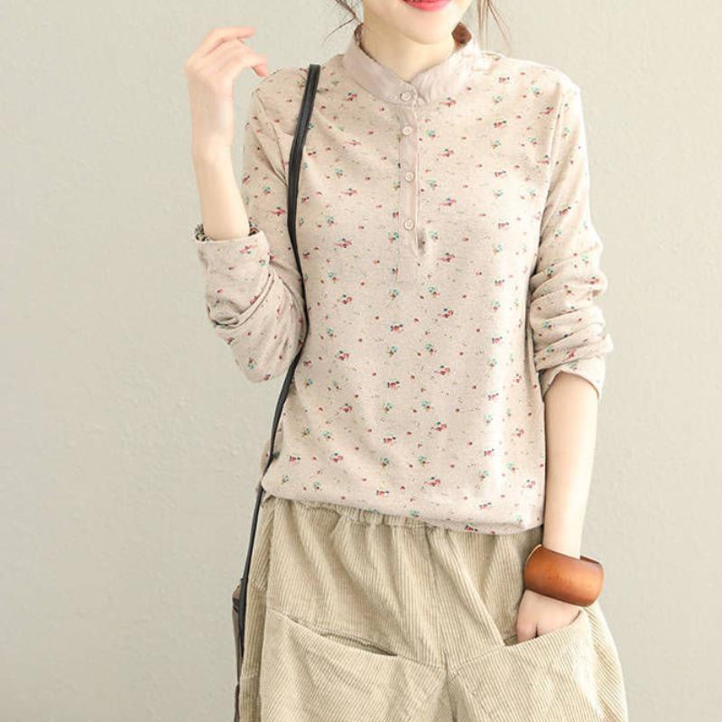 Dam Vår och Höst Retro Ståkrage Blommig T-shirt Dam Långärmad Skjorta Topp Dam Underlags-skjorta
