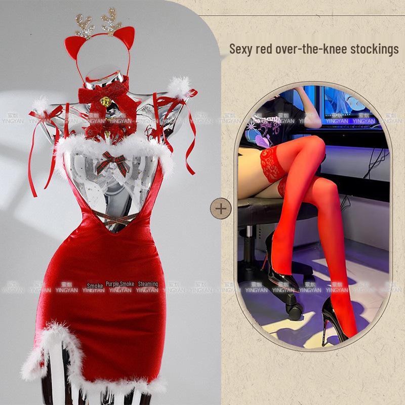 Seductive Red Christmas Lingerie Set - Sheer, Tight-Fit, Teasing Role Play Costume 0936