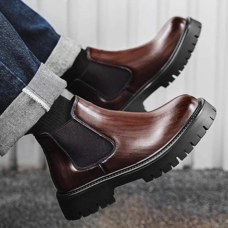 Fashion British Style Men's Street High Top Shoes Thick Soled Wear-resistant Men's Workwear Boots Versatile Black Leather Casual Shoes
